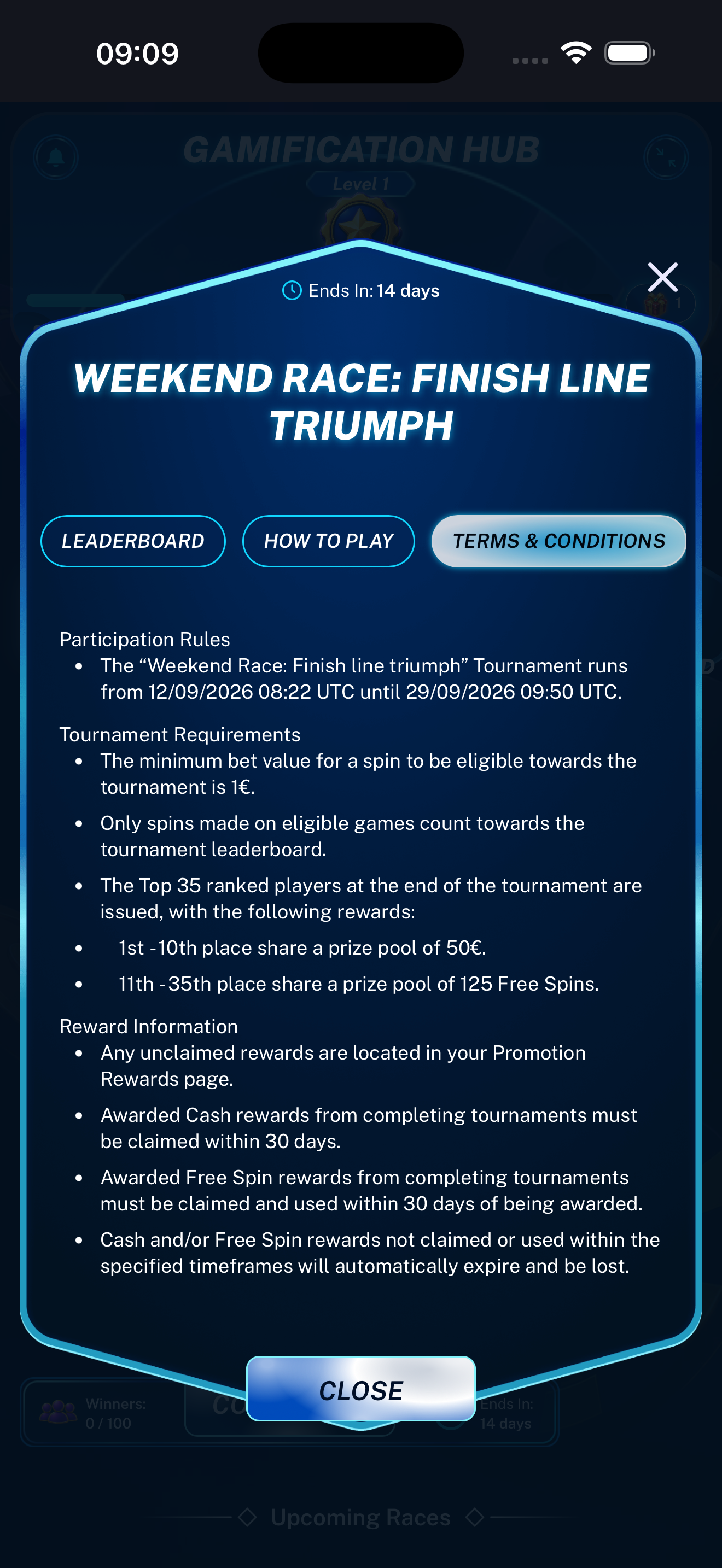 Race terms and conditions displayed on a mobile phone